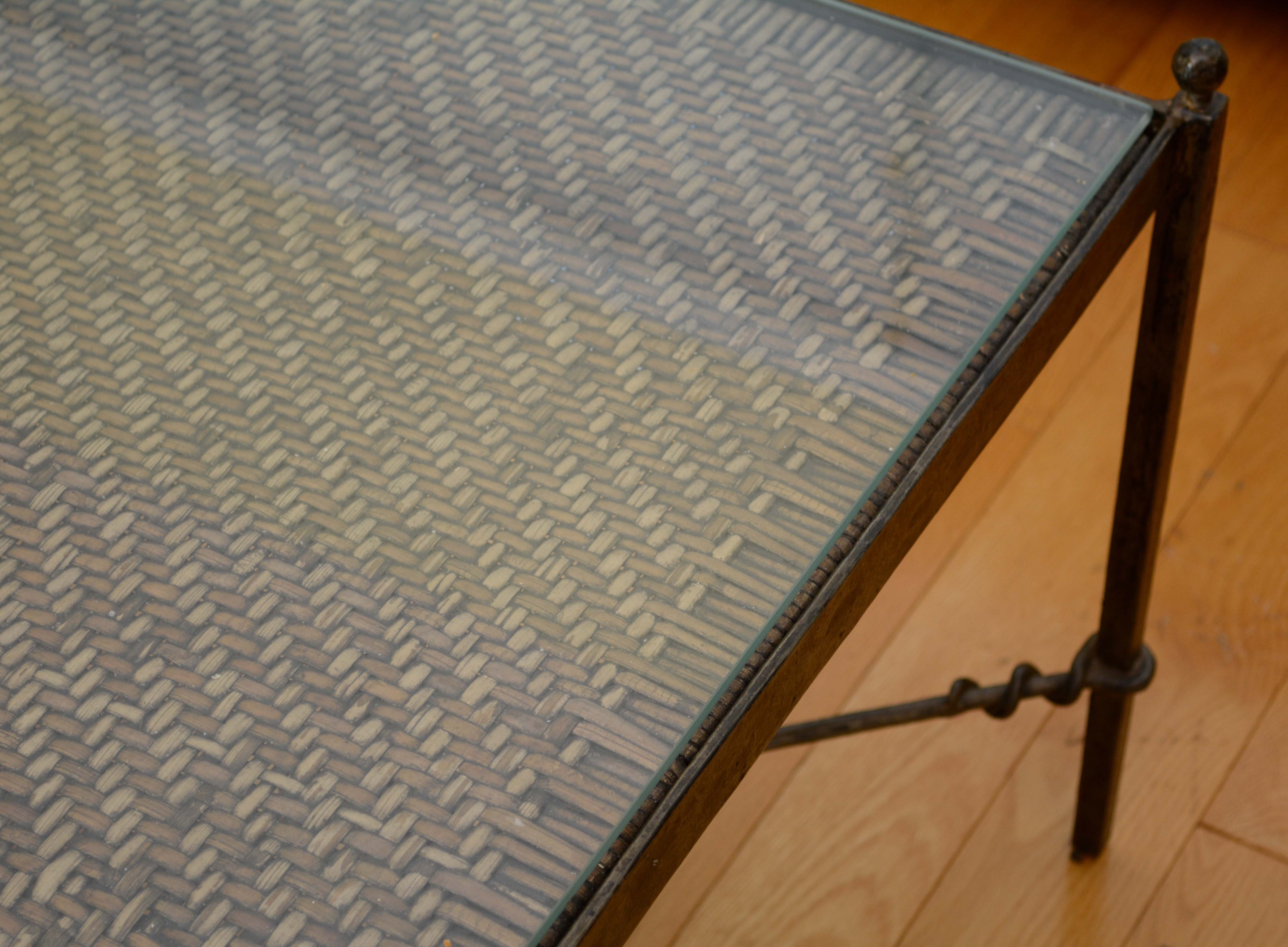 Glass Top Rattan and Metal Cocktail Table