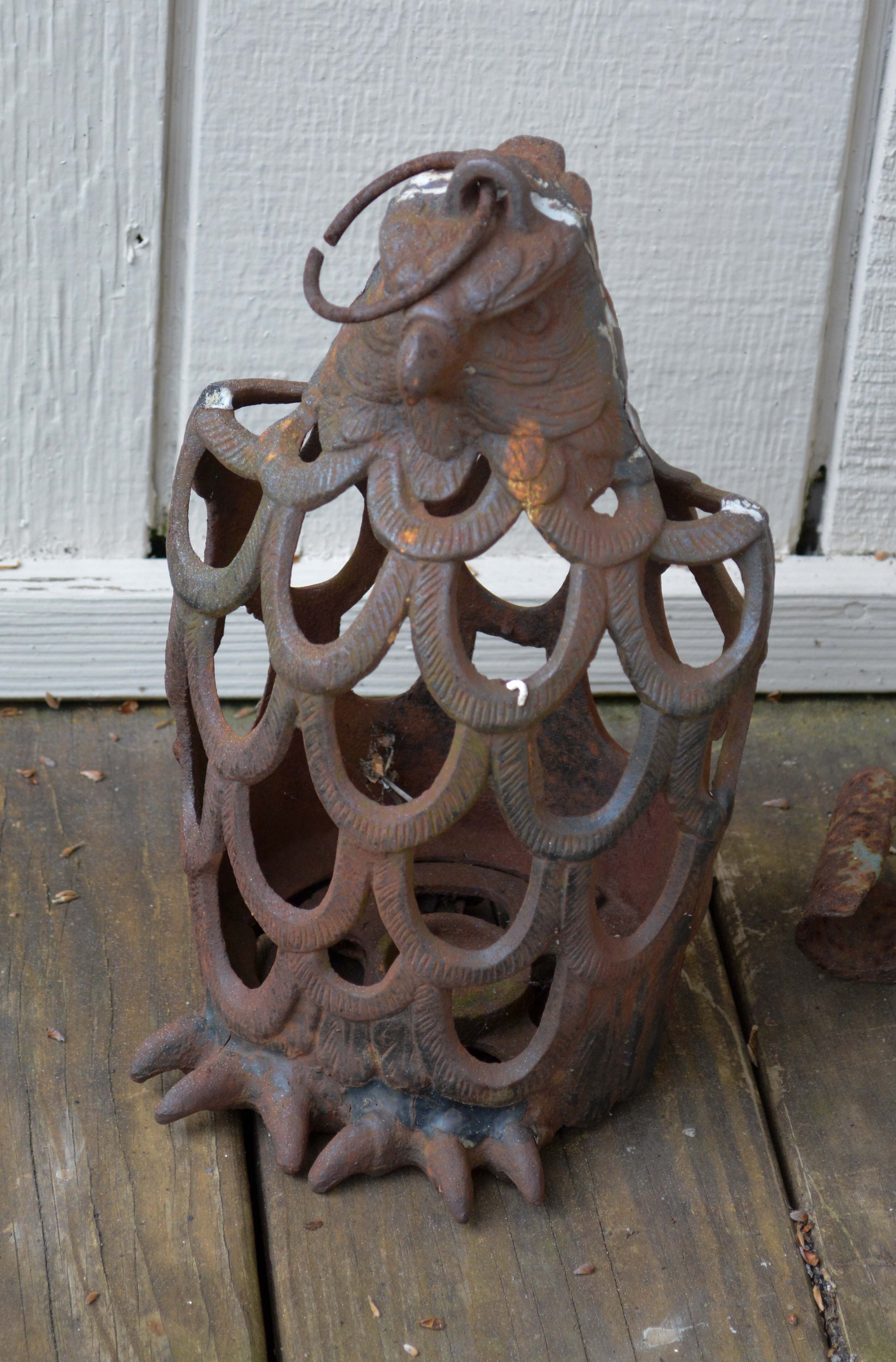 Cast Iron Foliate Themed Pedestal Plant Stand and Owl Shaped Candle Lantern