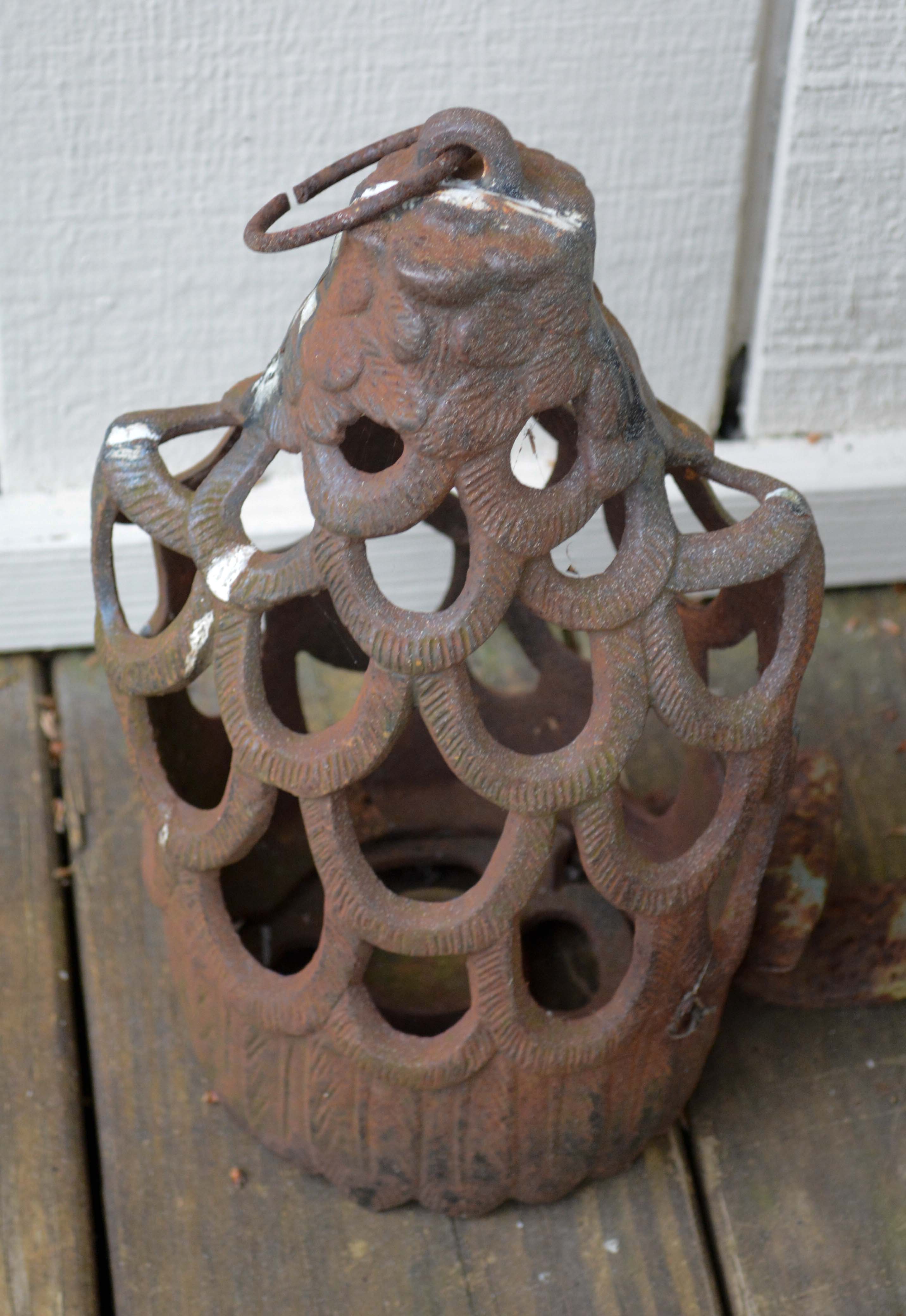Cast Iron Foliate Themed Pedestal Plant Stand and Owl Shaped Candle Lantern