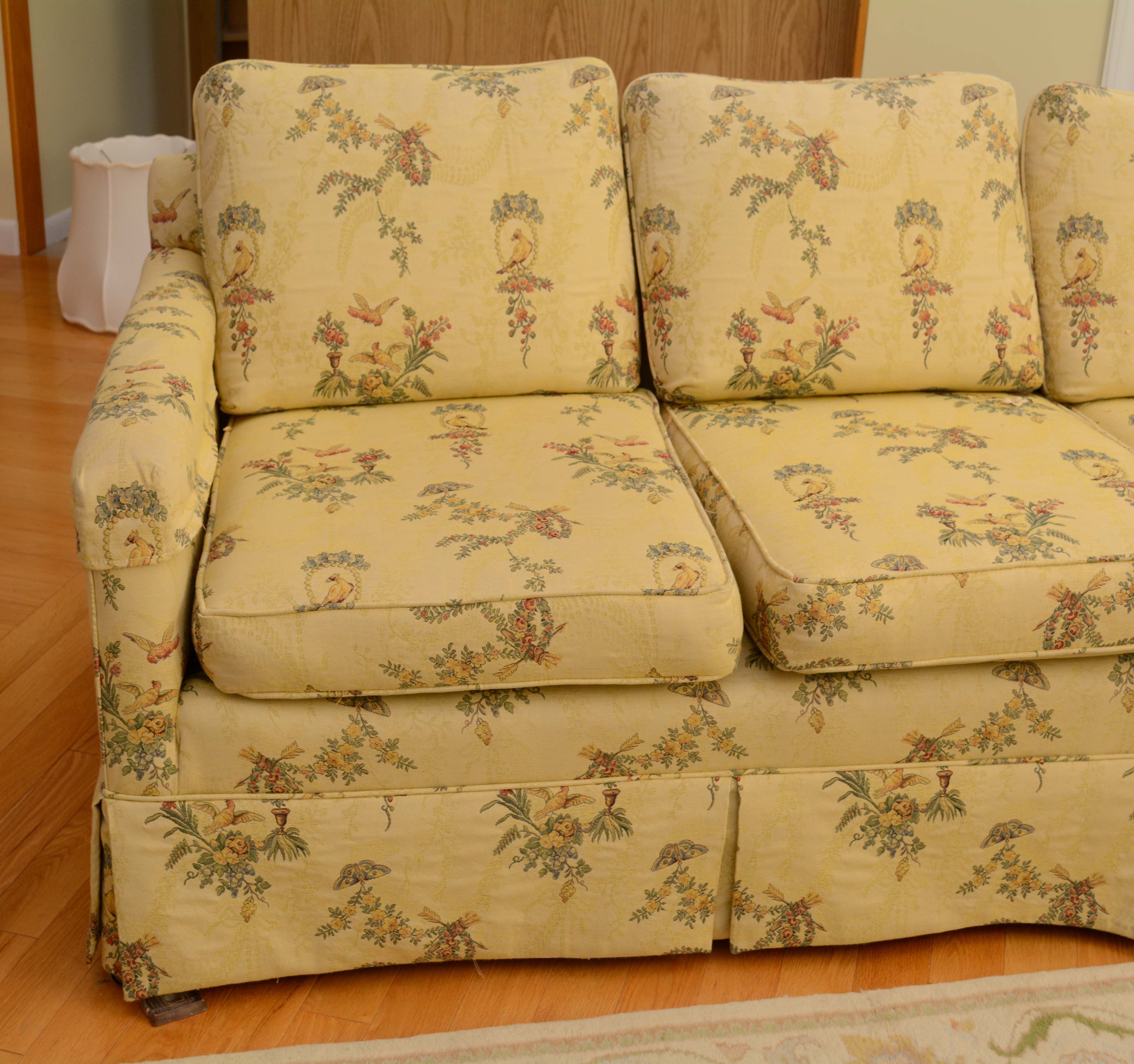 Yellow Bird in Garden Motif Upholstered Sofa