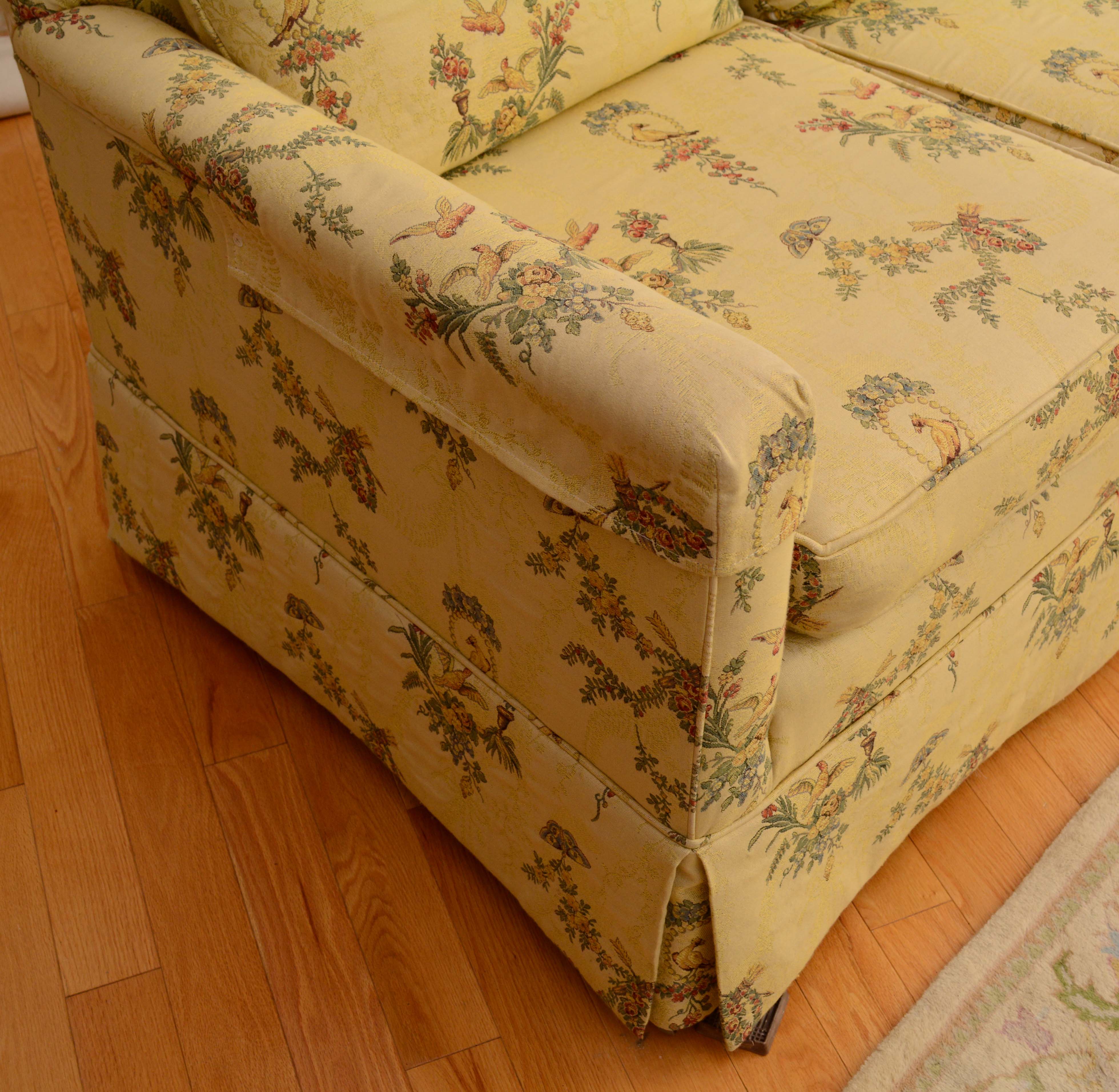 Yellow Bird in Garden Motif Upholstered Sofa