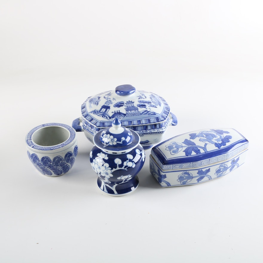 Chinese Blue and White Porcelain Lidded Containers and Planter
