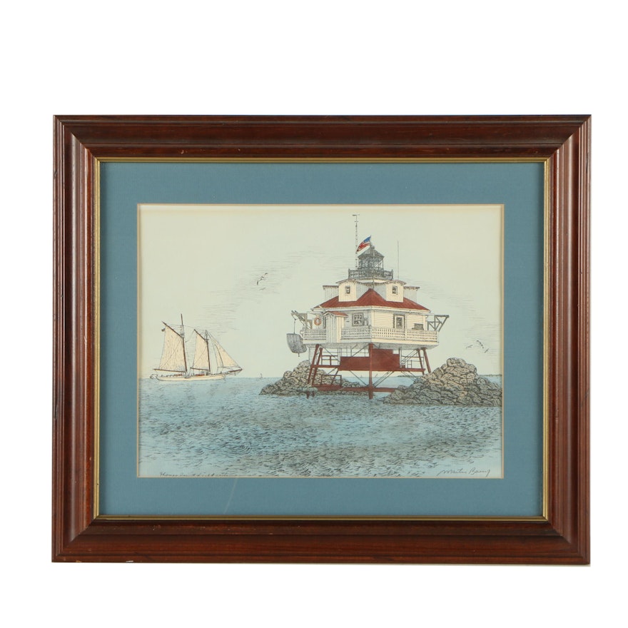 Martin Barry Hand Colored Lithograph "Thomas Point Light"
