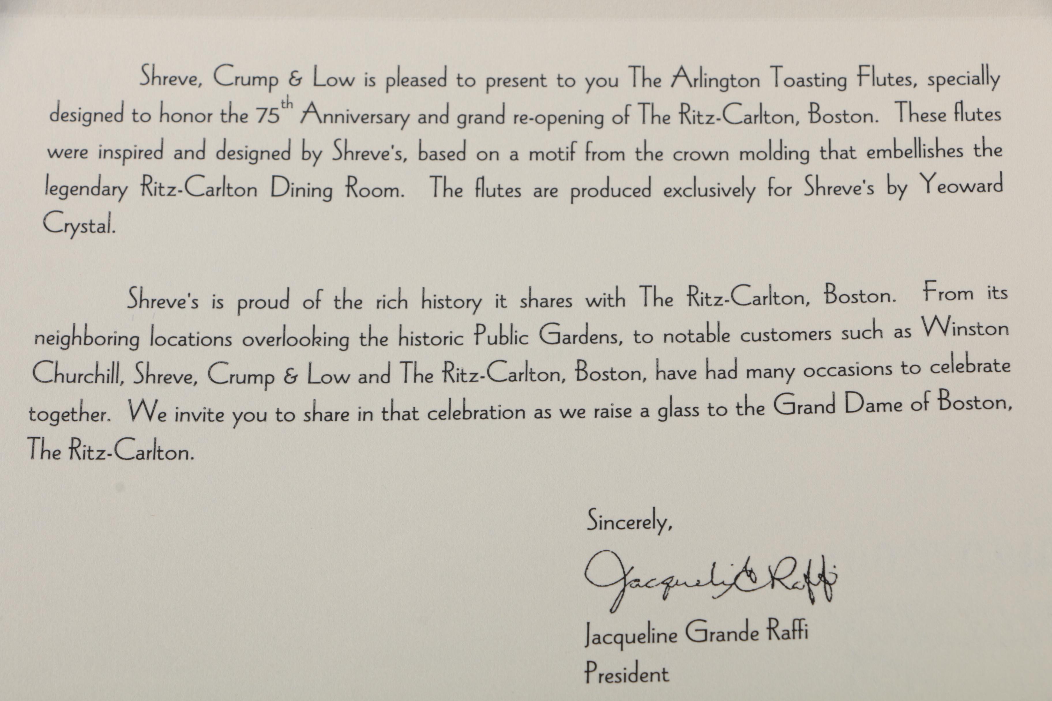 Ritz-Carlton Boston 75th Anniversary Commemorative Toasting Flutes