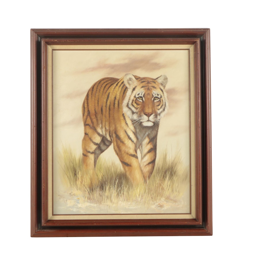 Vintage Oil Painting on Canvas of a Bengal Tiger