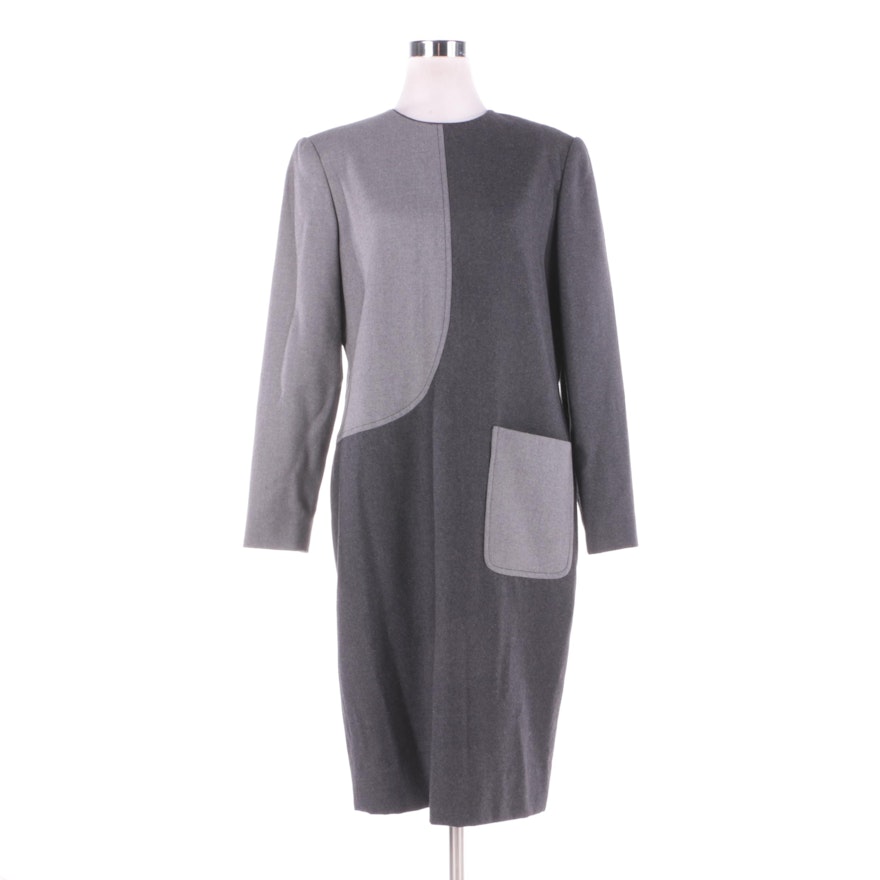 1980s Vintage David Hayes Grey Wool Color Block Dress