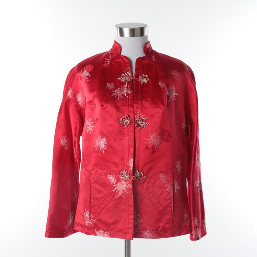 Women's Vintage Chinese Red Silk Jacket with Spider Chrysanthemum Motif