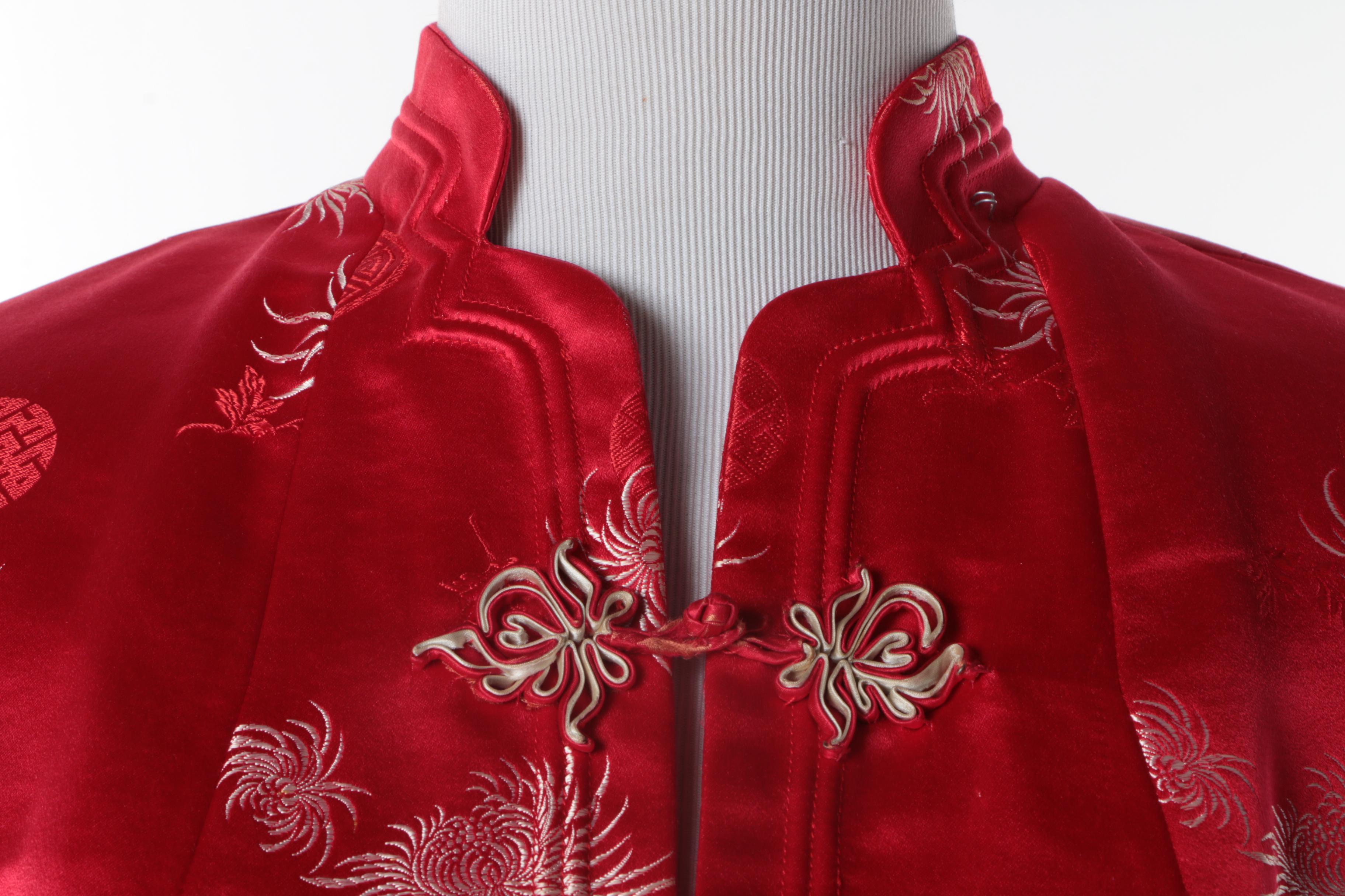 Women's Vintage Chinese Red Silk Jacket with Spider Chrysanthemum Motif