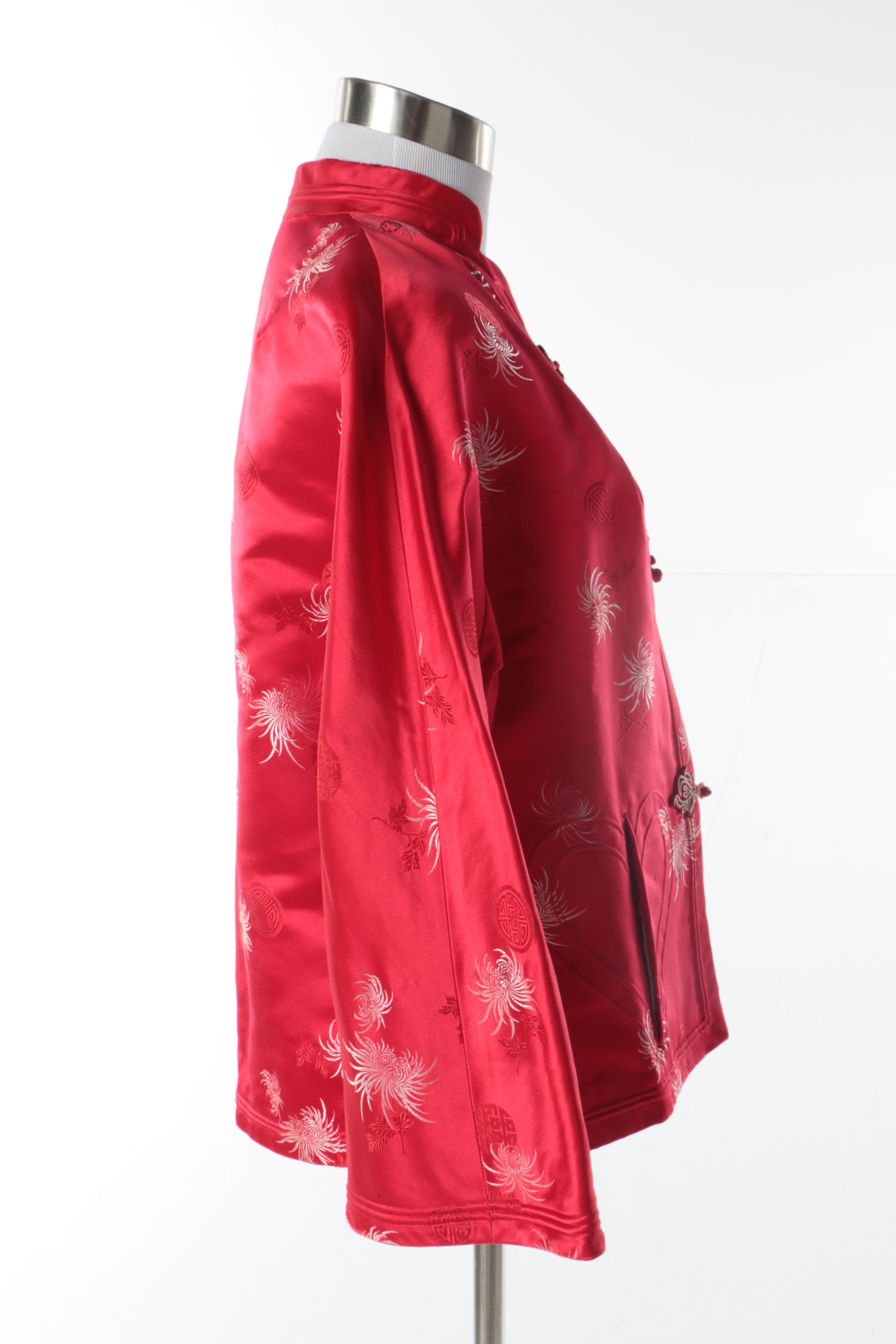 Women's Vintage Chinese Red Silk Jacket with Spider Chrysanthemum Motif
