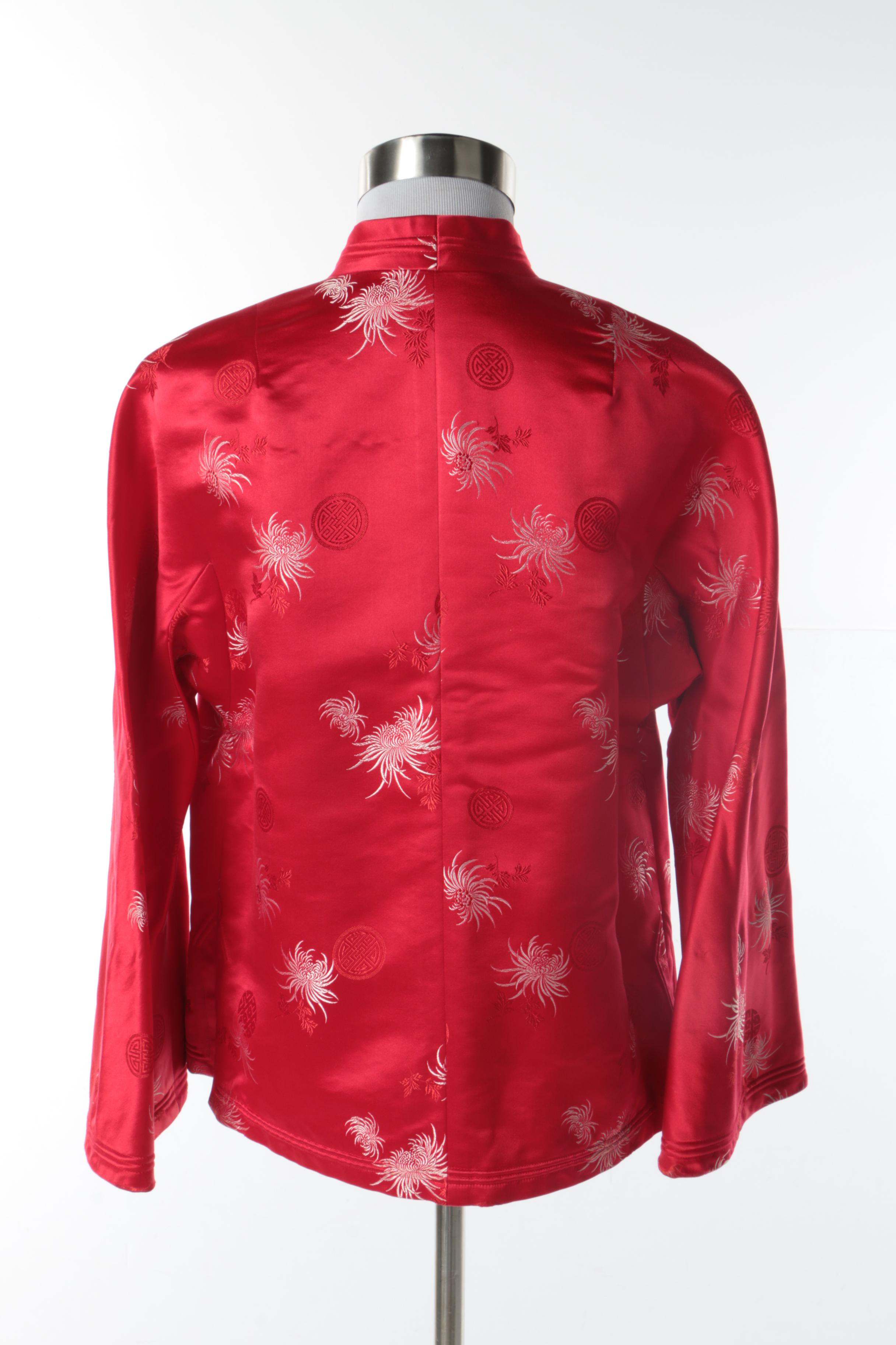 Women's Vintage Chinese Red Silk Jacket with Spider Chrysanthemum Motif