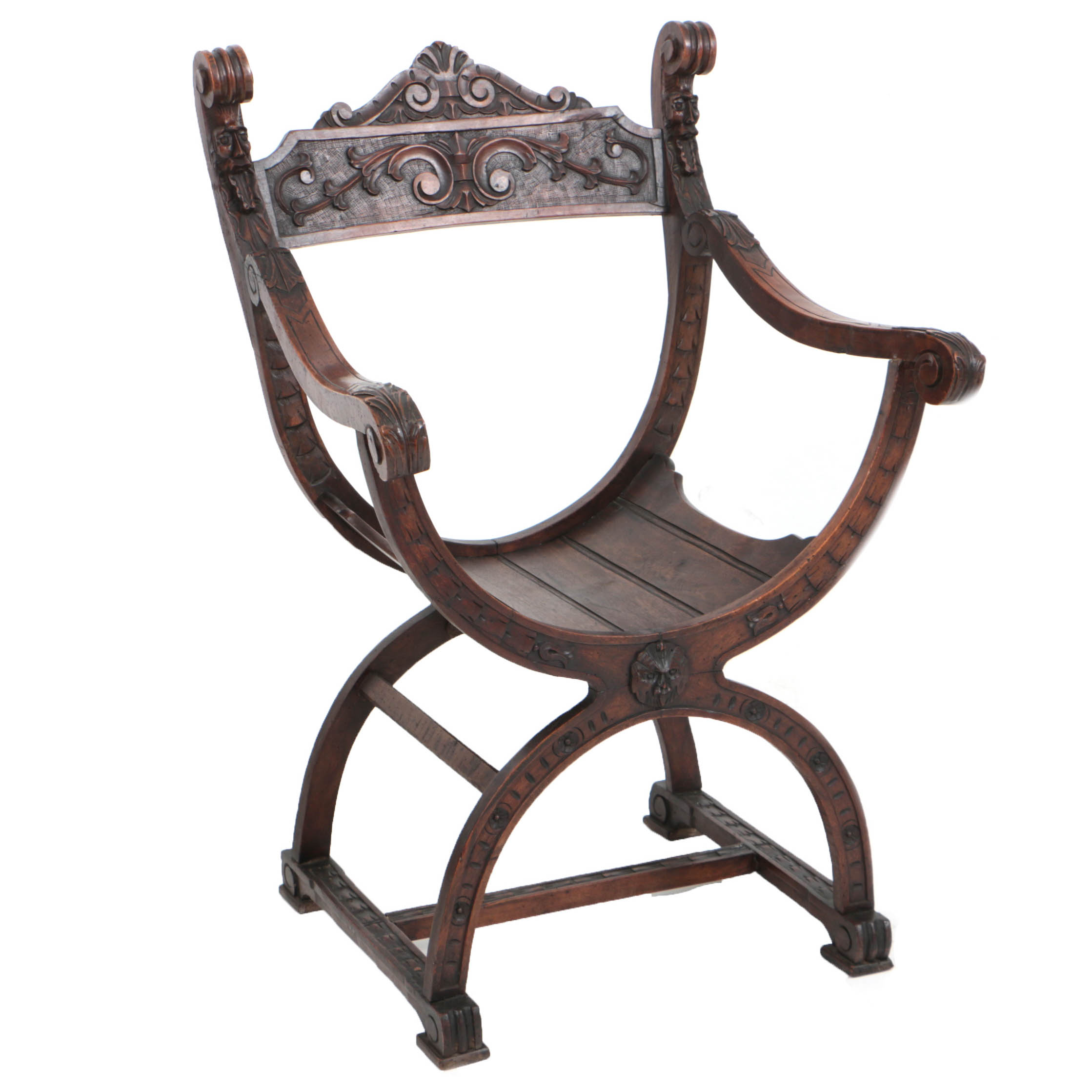 Early 20th Century Carved Walnut Savonorola Curule Chair