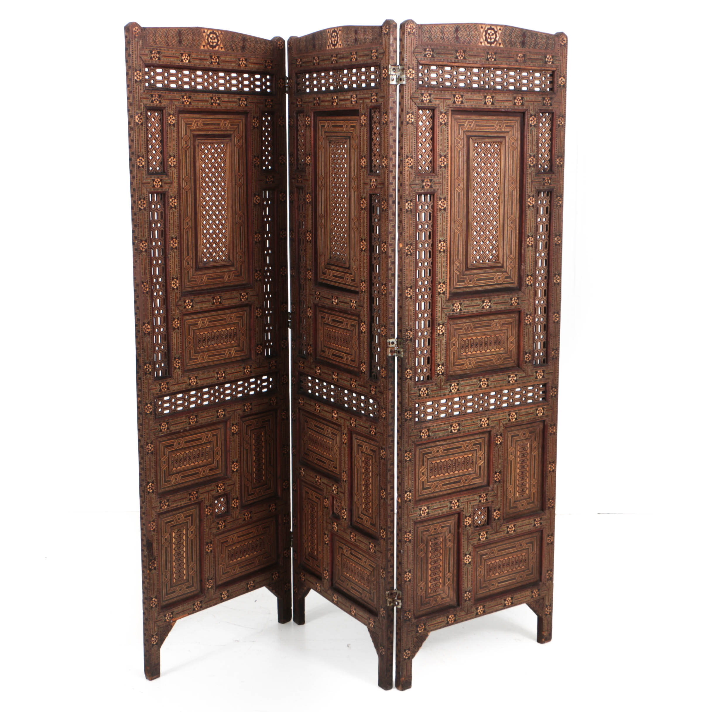 North African Inlaid Mosaic Three Panel Room Screen