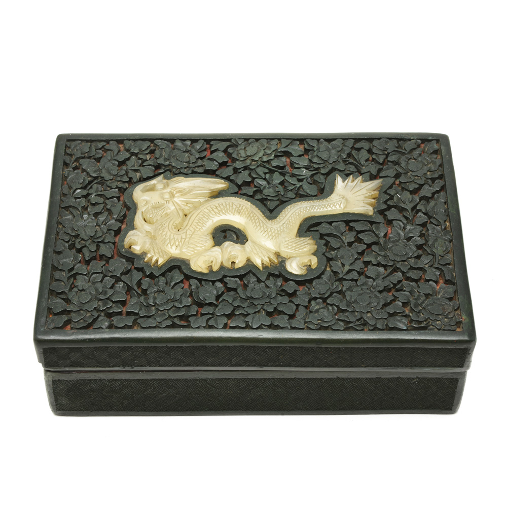 Chinese Green Lacquer Box with Jade Dragon