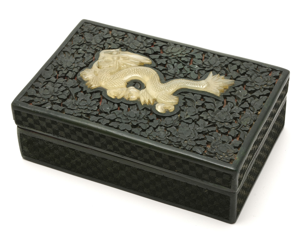 Chinese Green Lacquer Box with Jade Dragon