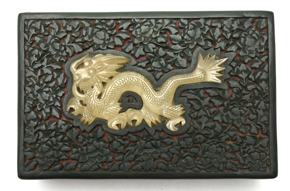 Chinese Green Lacquer Box with Jade Dragon