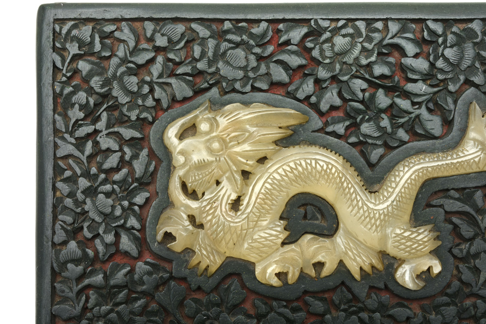 Chinese Green Lacquer Box with Jade Dragon