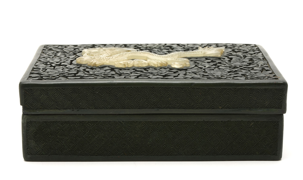 Chinese Green Lacquer Box with Jade Dragon