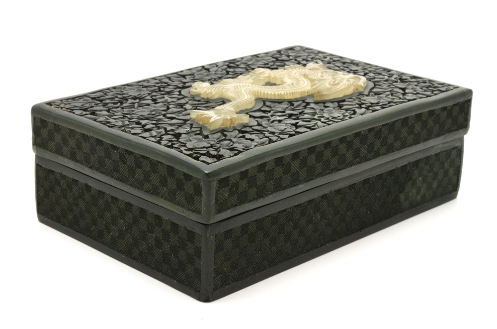 Chinese Green Lacquer Box with Jade Dragon