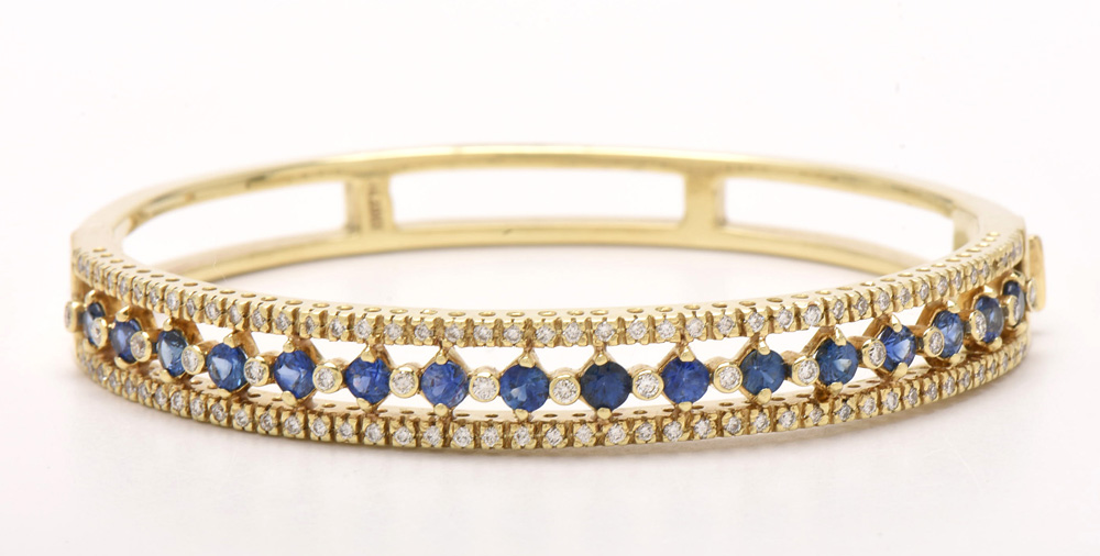 14K Yellow Gold Blue Sapphire and 1.13 CTW Diamond Bangle Bracelet