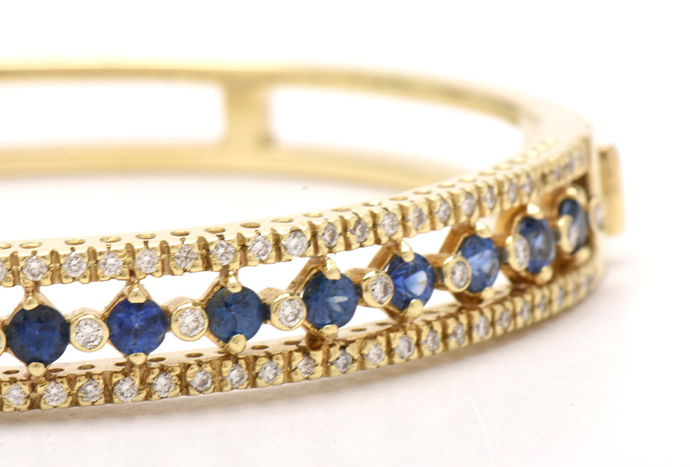 14K Yellow Gold Blue Sapphire and 1.13 CTW Diamond Bangle Bracelet