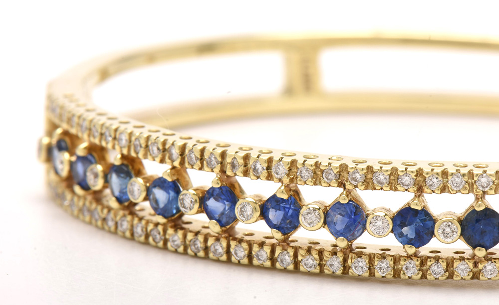 14K Yellow Gold Blue Sapphire and 1.13 CTW Diamond Bangle Bracelet