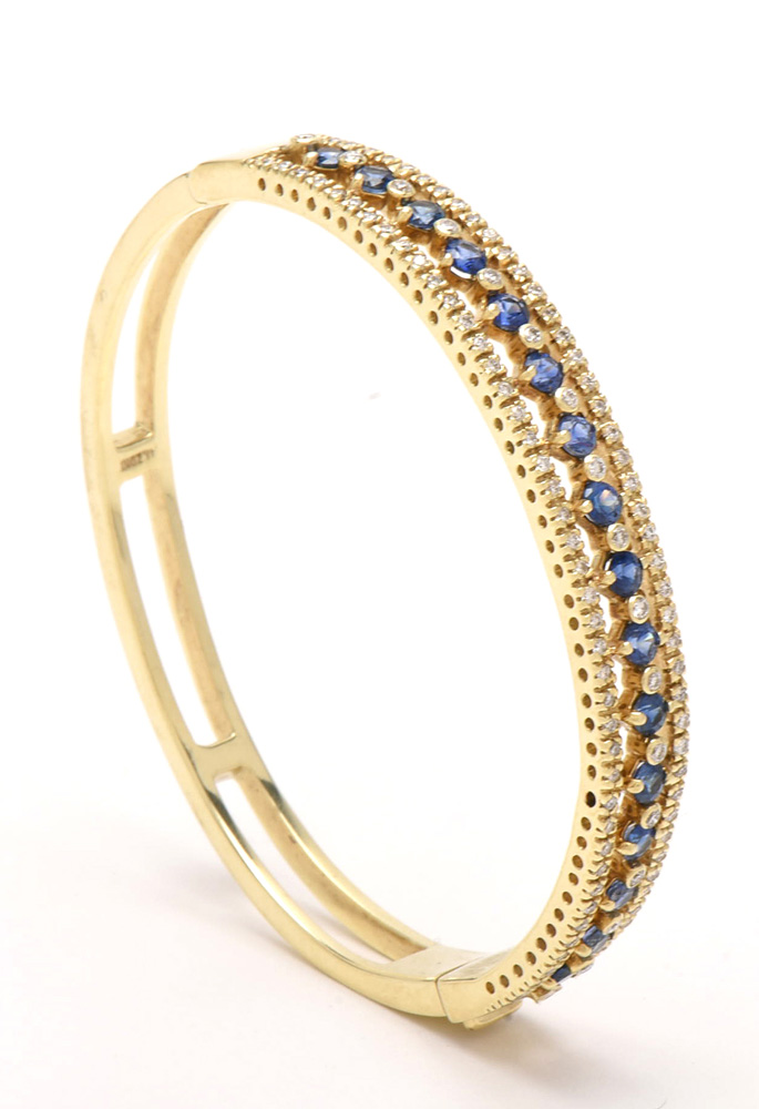 14K Yellow Gold Blue Sapphire and 1.13 CTW Diamond Bangle Bracelet