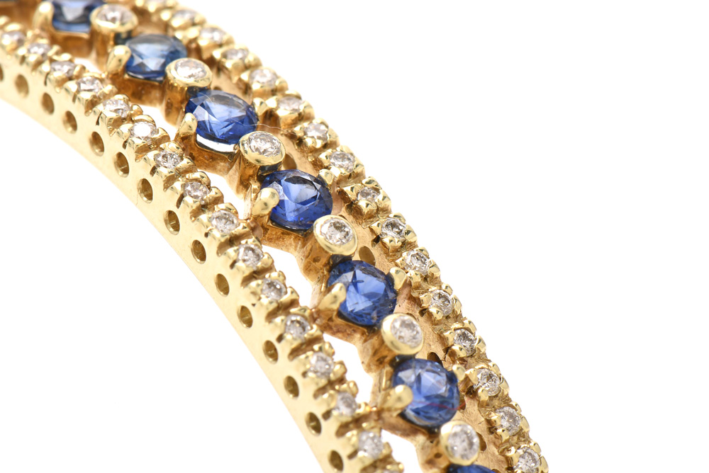 14K Yellow Gold Blue Sapphire and 1.13 CTW Diamond Bangle Bracelet