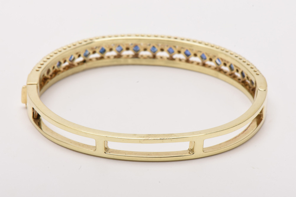 14K Yellow Gold Blue Sapphire and 1.13 CTW Diamond Bangle Bracelet