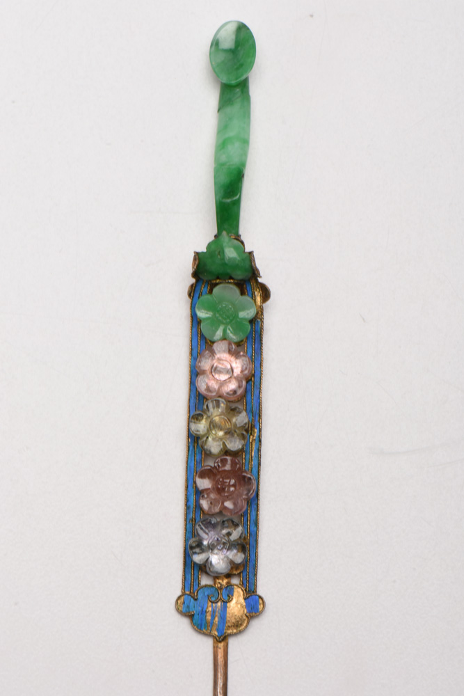 Qing Dynasty 900 Silver Kingfisher Feather and Gemstone Hairpin Earpick