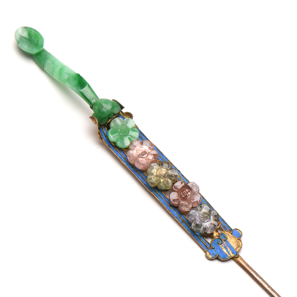 Qing Dynasty 900 Silver Kingfisher Feather and Gemstone Hairpin Earpick