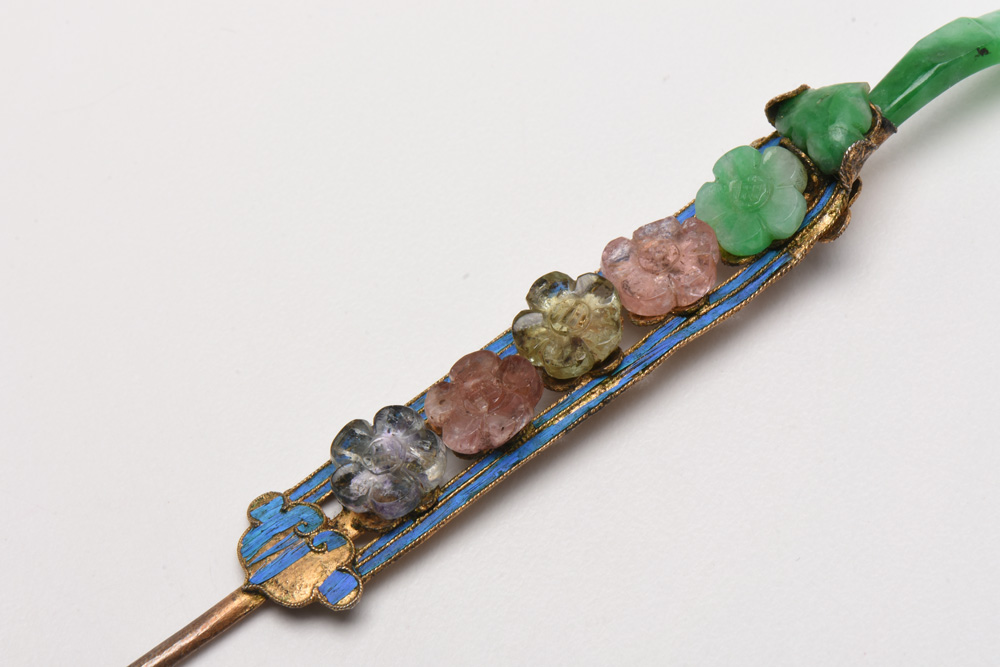 Qing Dynasty 900 Silver Kingfisher Feather and Gemstone Hairpin Earpick