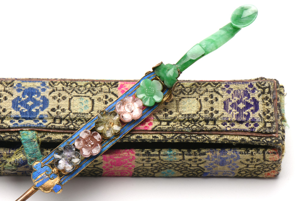 Qing Dynasty 900 Silver Kingfisher Feather and Gemstone Hairpin Earpick