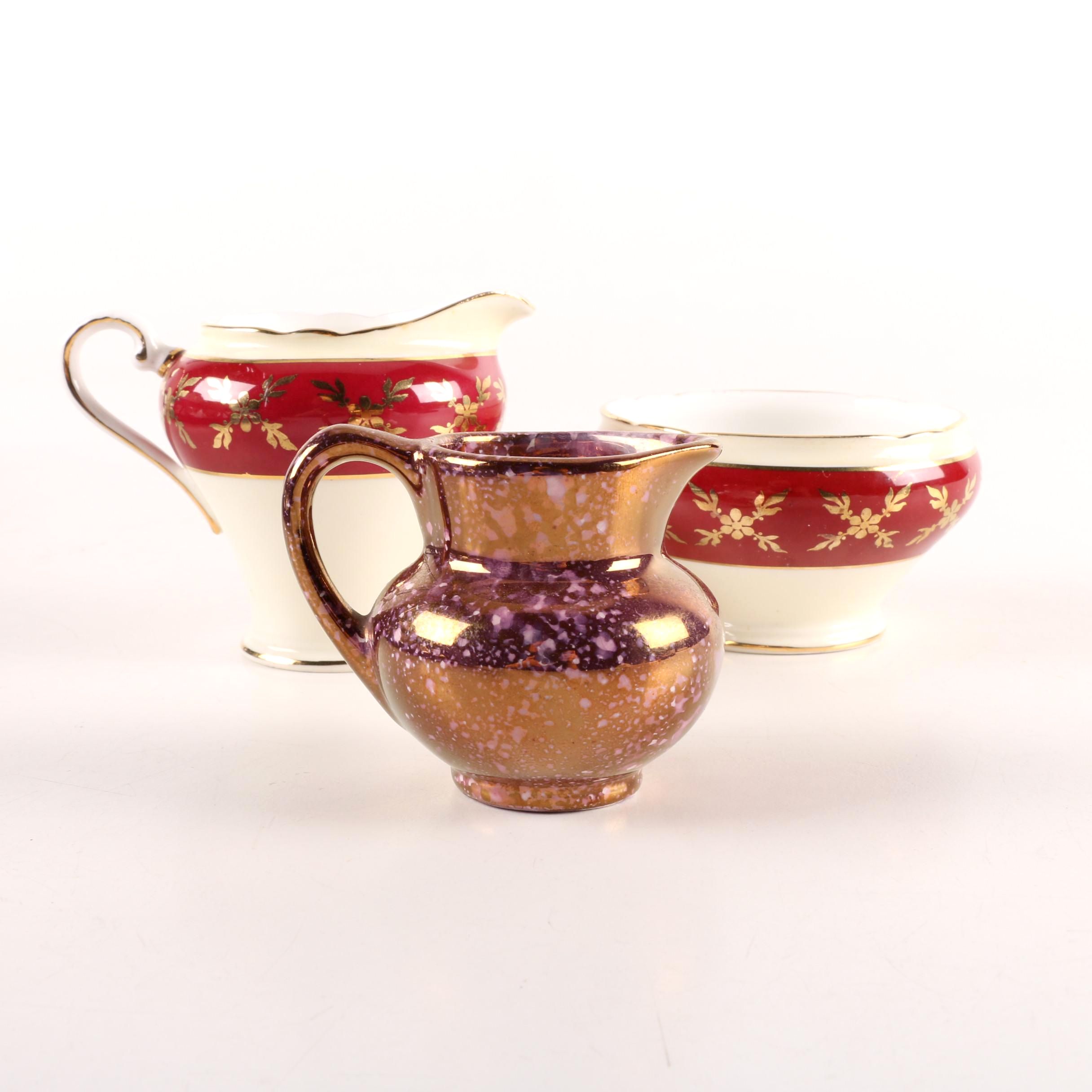 Old Castle Lusterware Pitcher with Aynsley Creamer and Sugar