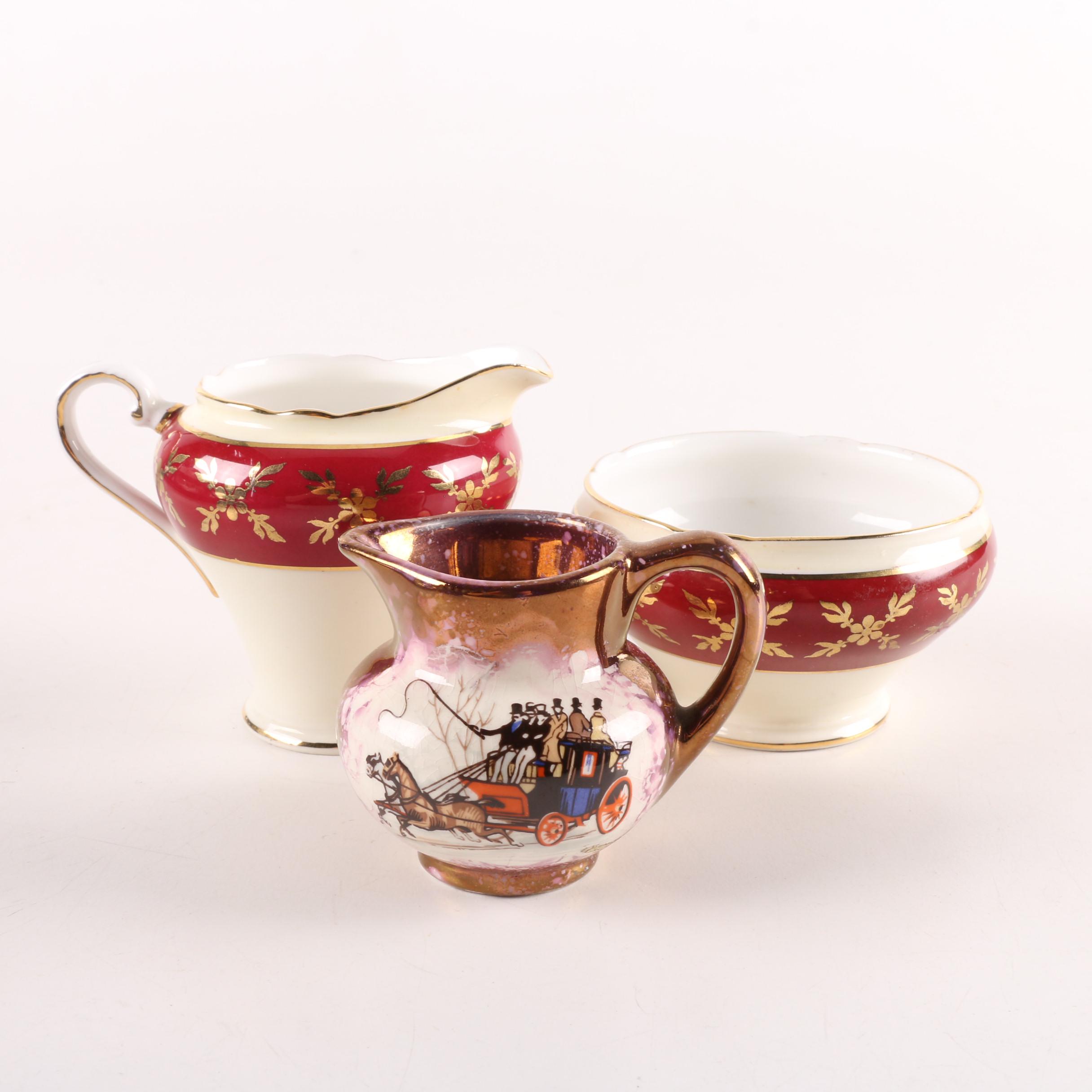 Old Castle Lusterware Pitcher with Aynsley Creamer and Sugar