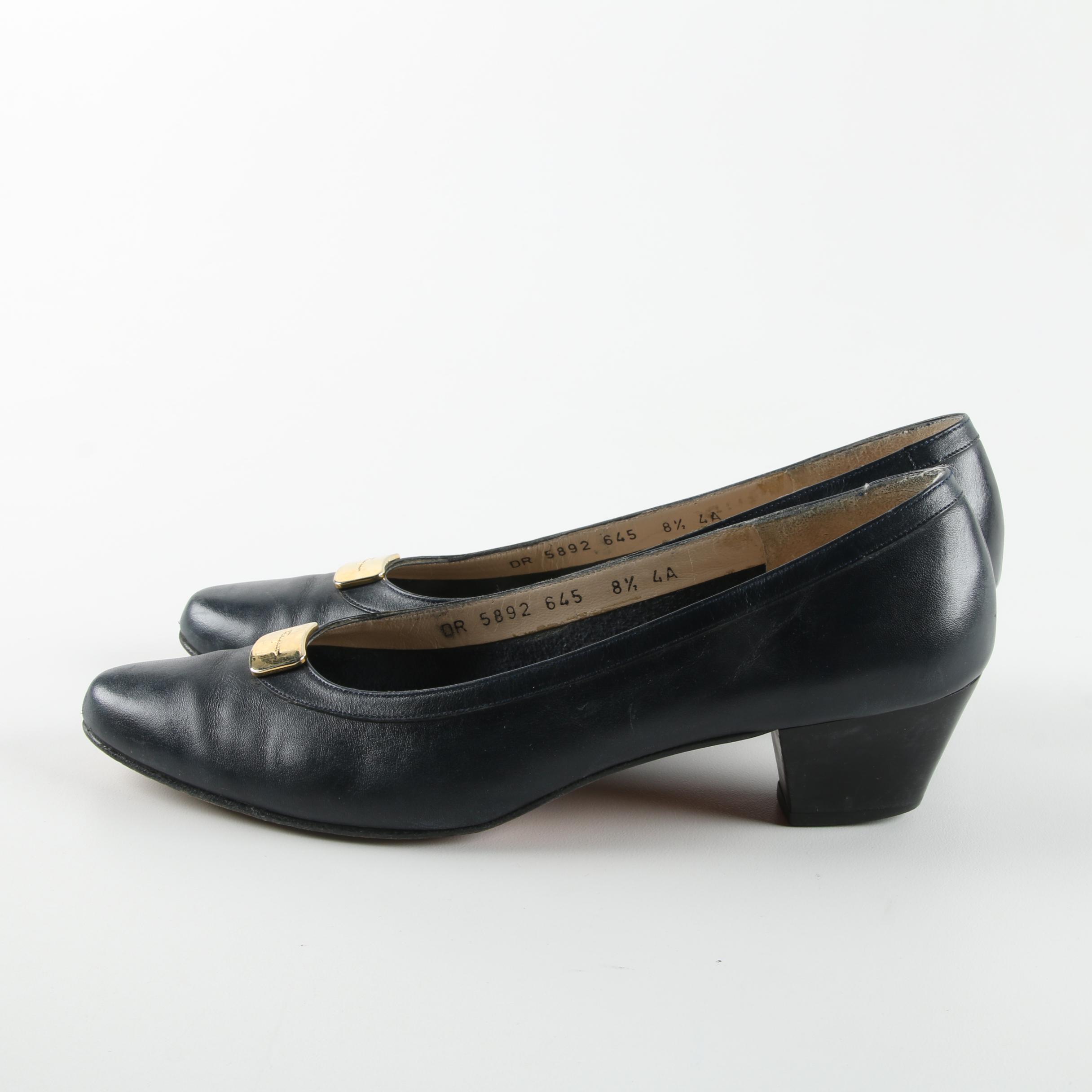 Vintage Salvatore Ferragamo Navy Blue Leather Pumps, Made in Italy
