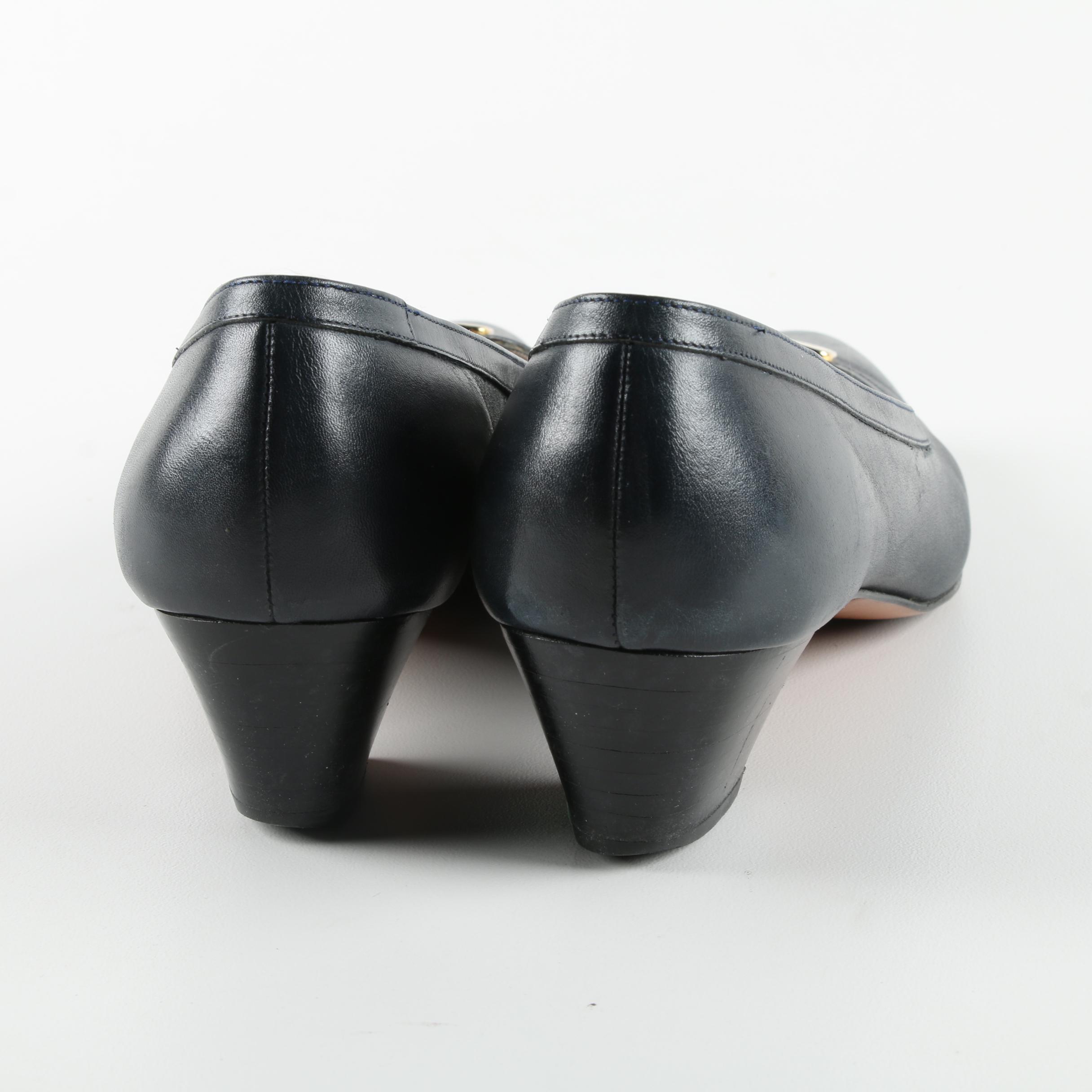 Vintage Salvatore Ferragamo Navy Blue Leather Pumps, Made in Italy