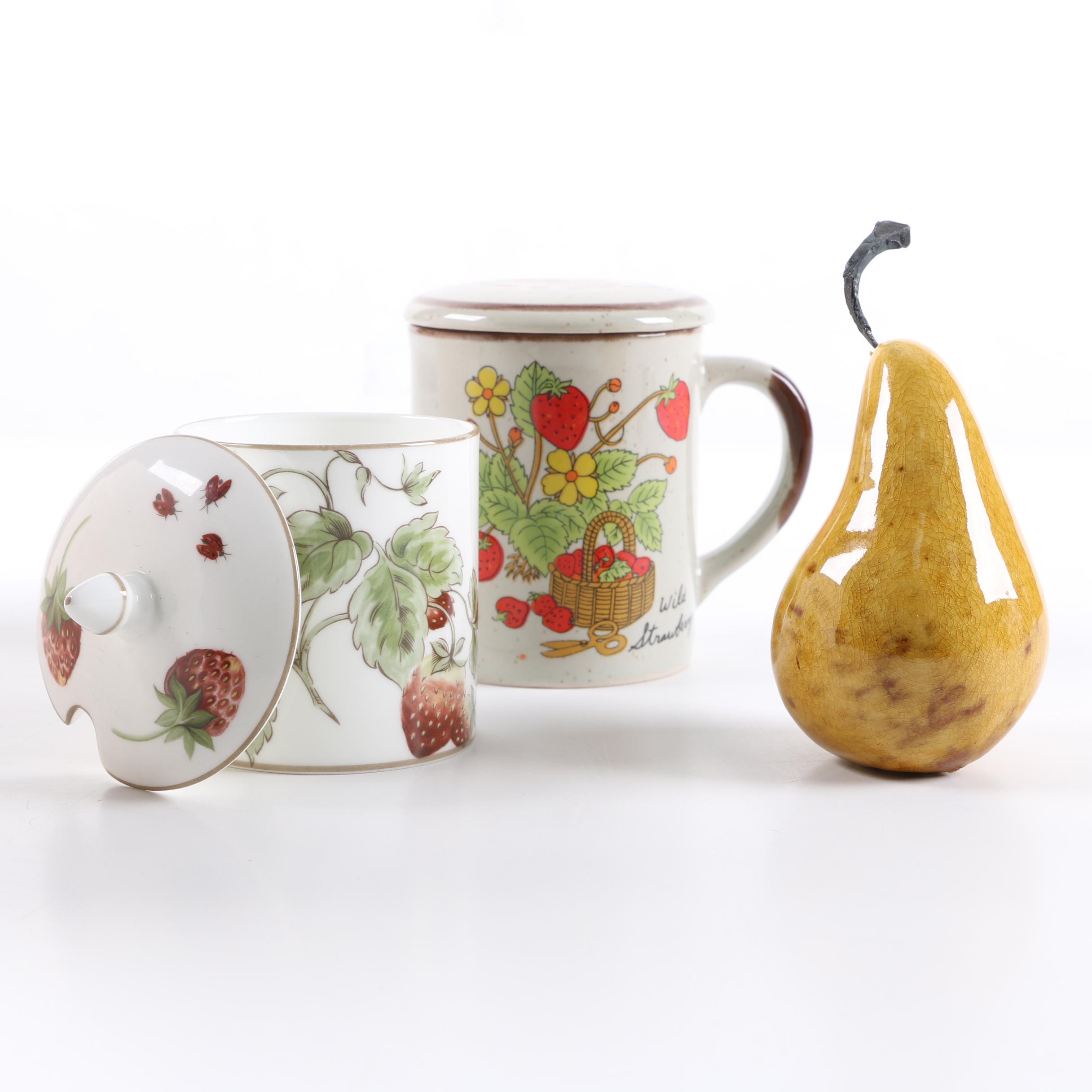 Coalport "Strawberry" Covered Mug with Pear Figurine