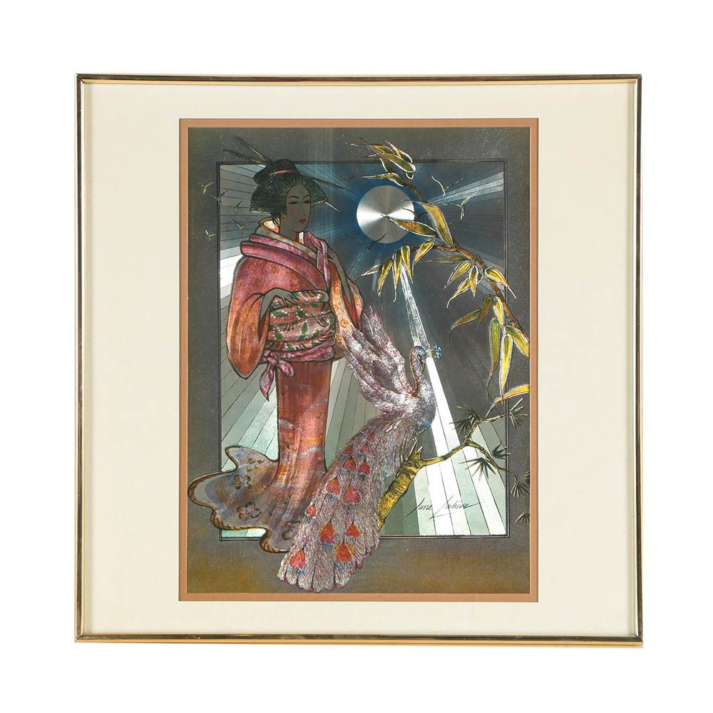 Jane Lahive Offset Lithograph on Foil of Geisha with Peacock