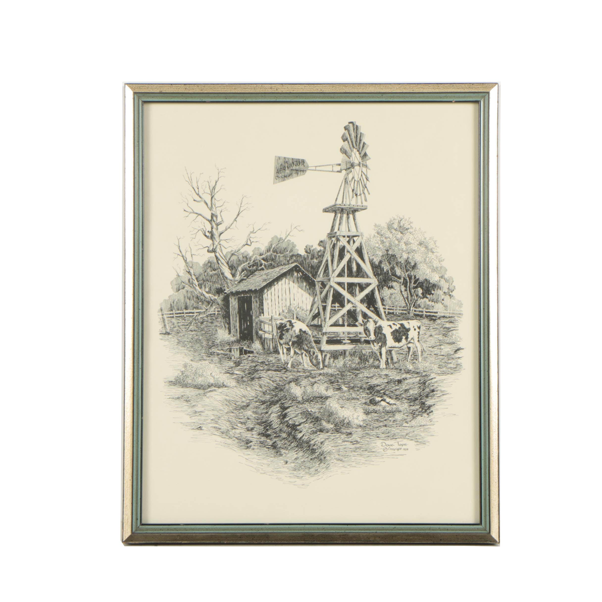 Circa 1975 Lithograph After Doug Tope of Farm Landscape
