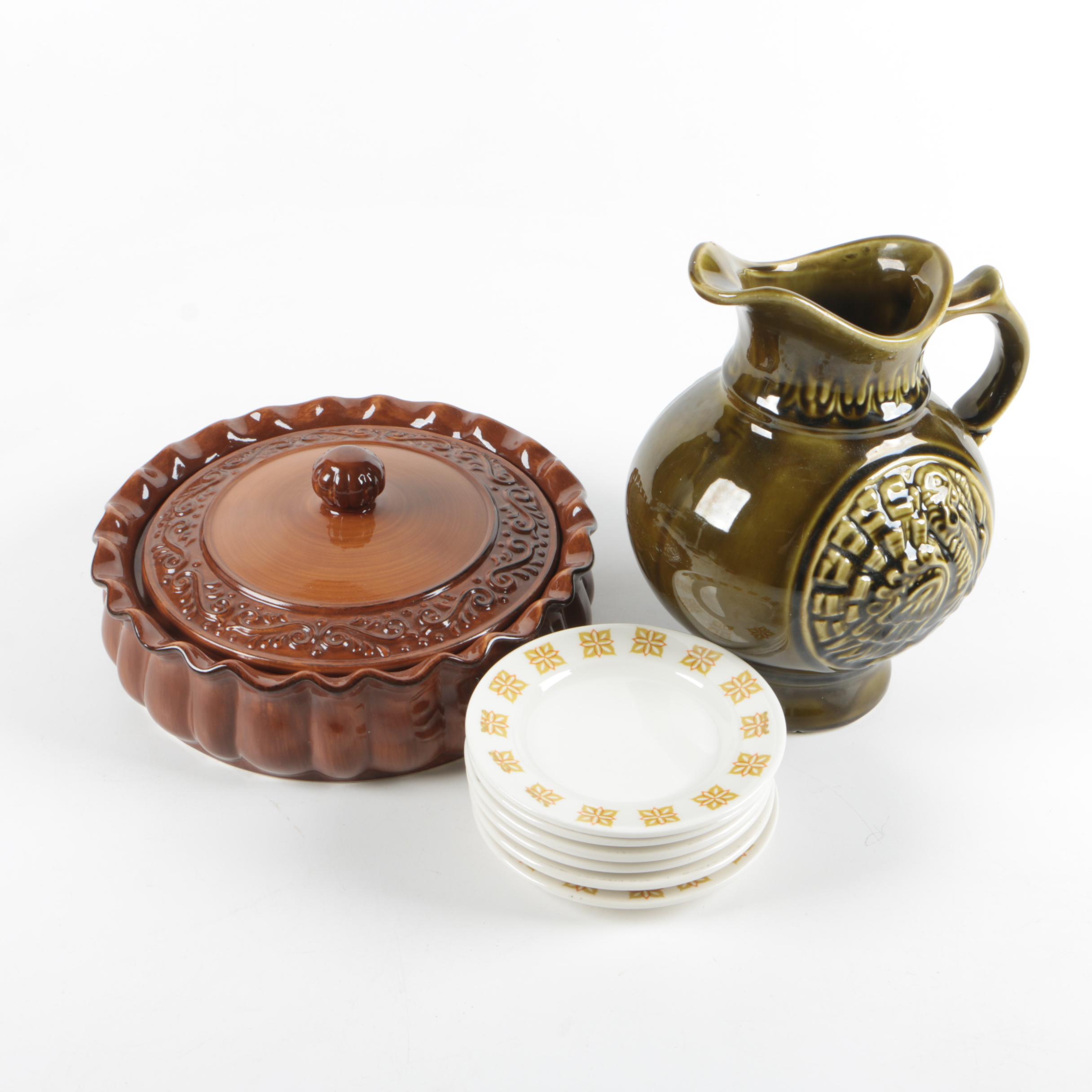 Vintage McCoy Pottery Turkey Pitcher, Homer Laughlin Saucers and Baking Dish