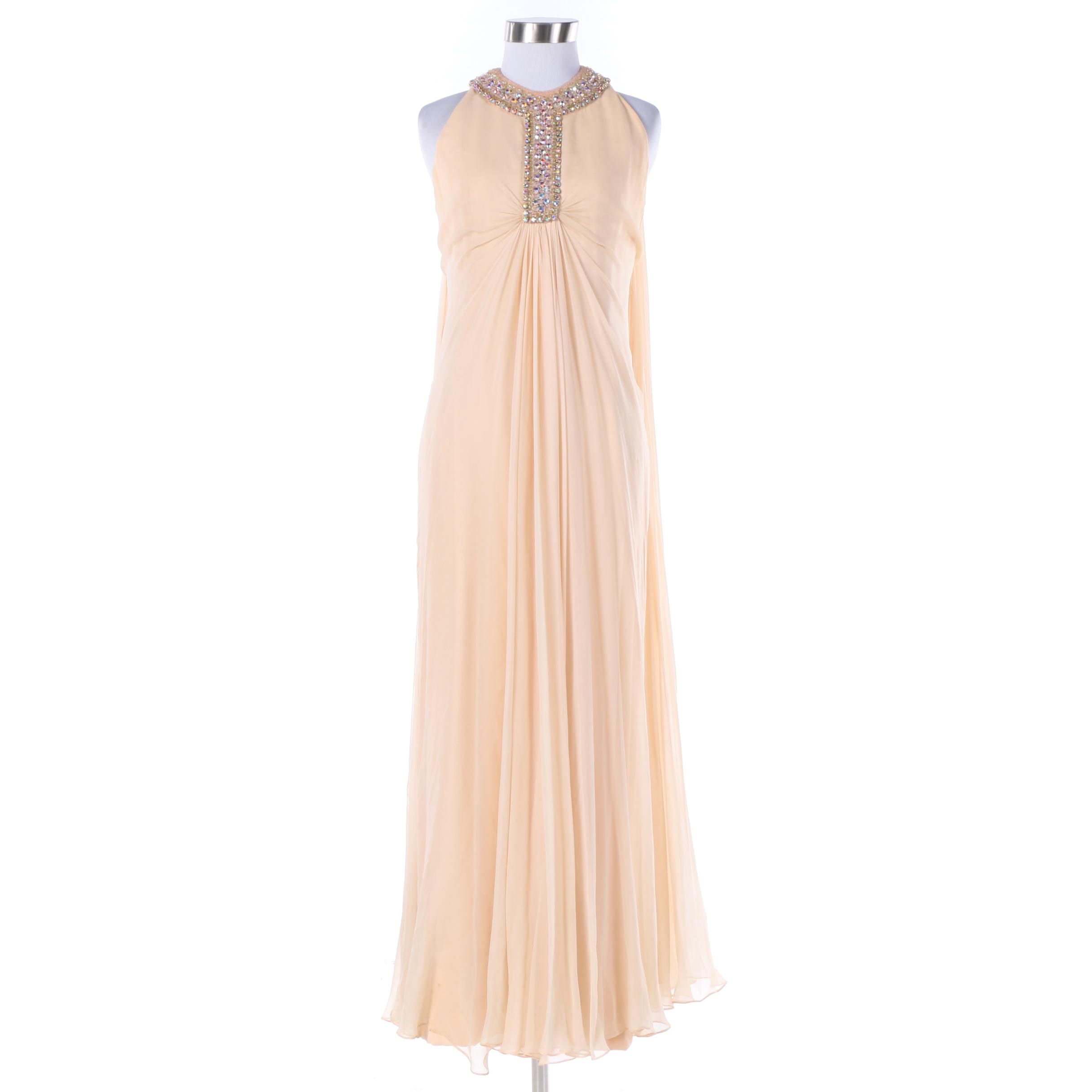 Circa 1970s Vintage Davidson's Indiana Pink Crepe Chiffon Evening Gown