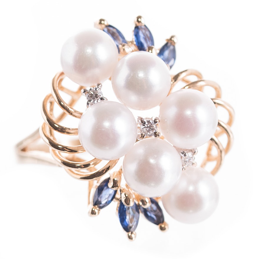 14K Yellow Gold, Cultured Pearl, Sapphire, and Diamond Swirl Ring