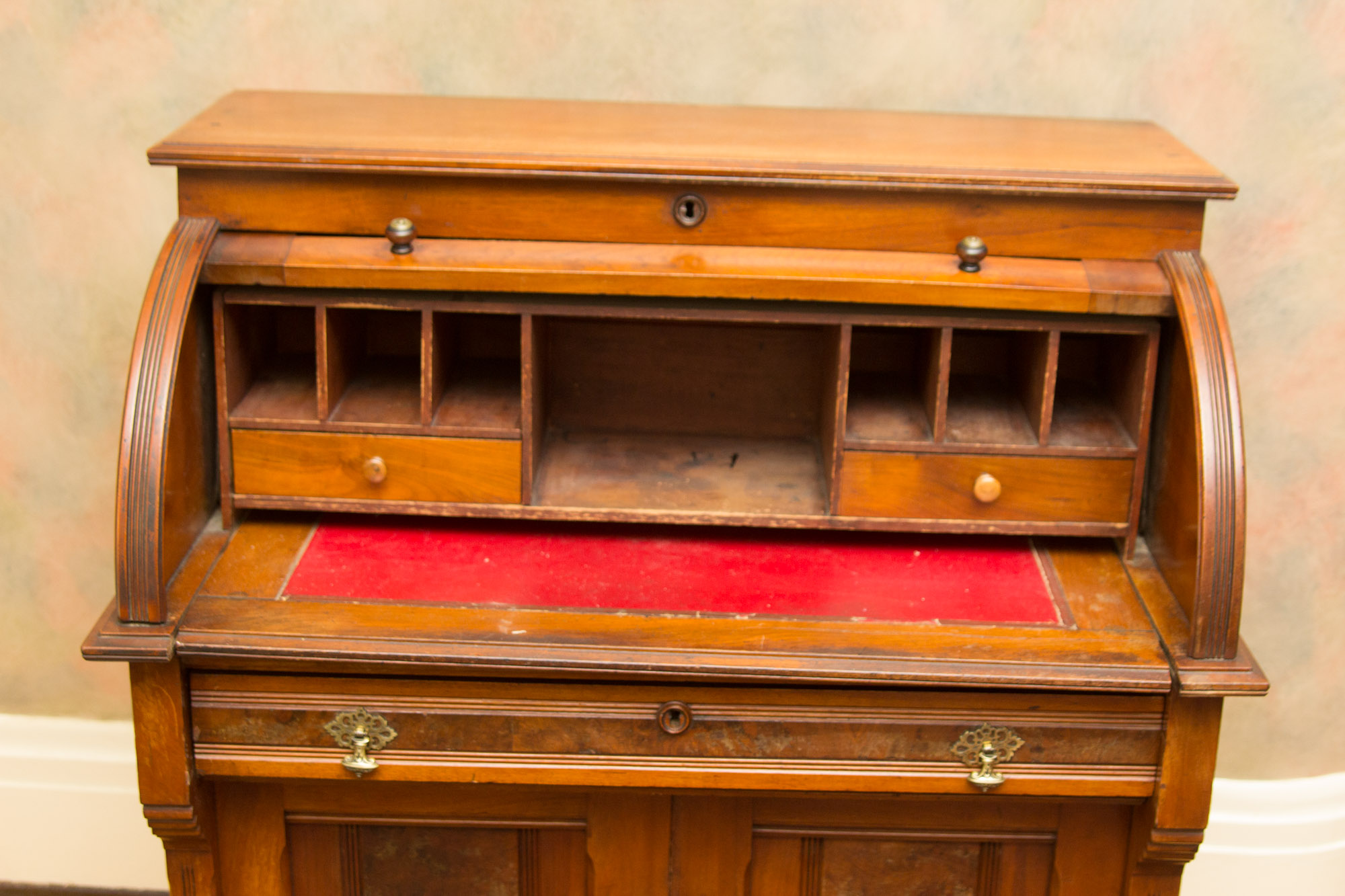 Antique Eastlake Walnut Cylinder Roll Top Desk