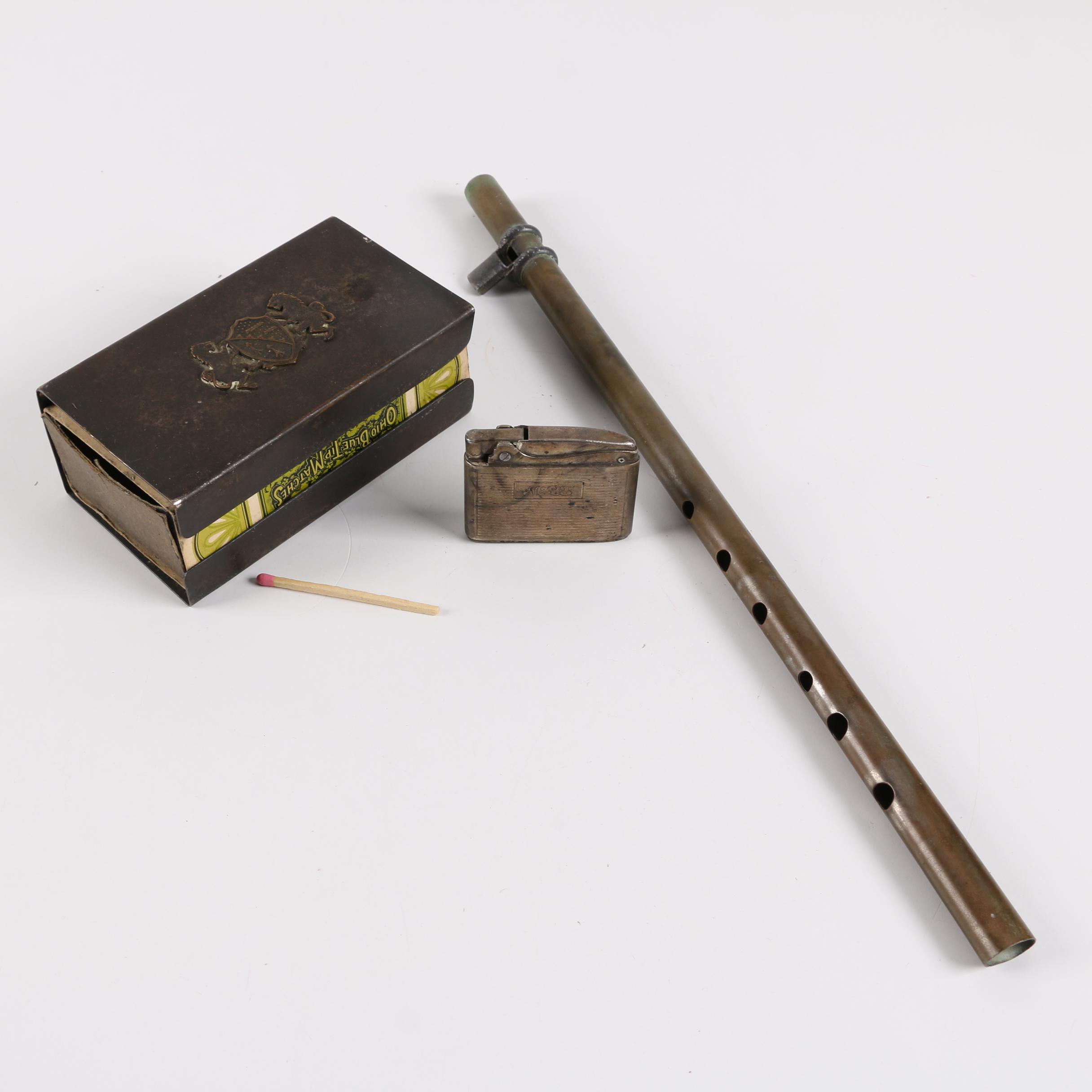 Vintage Lighter, Matchsticks Case and Homemade Flute