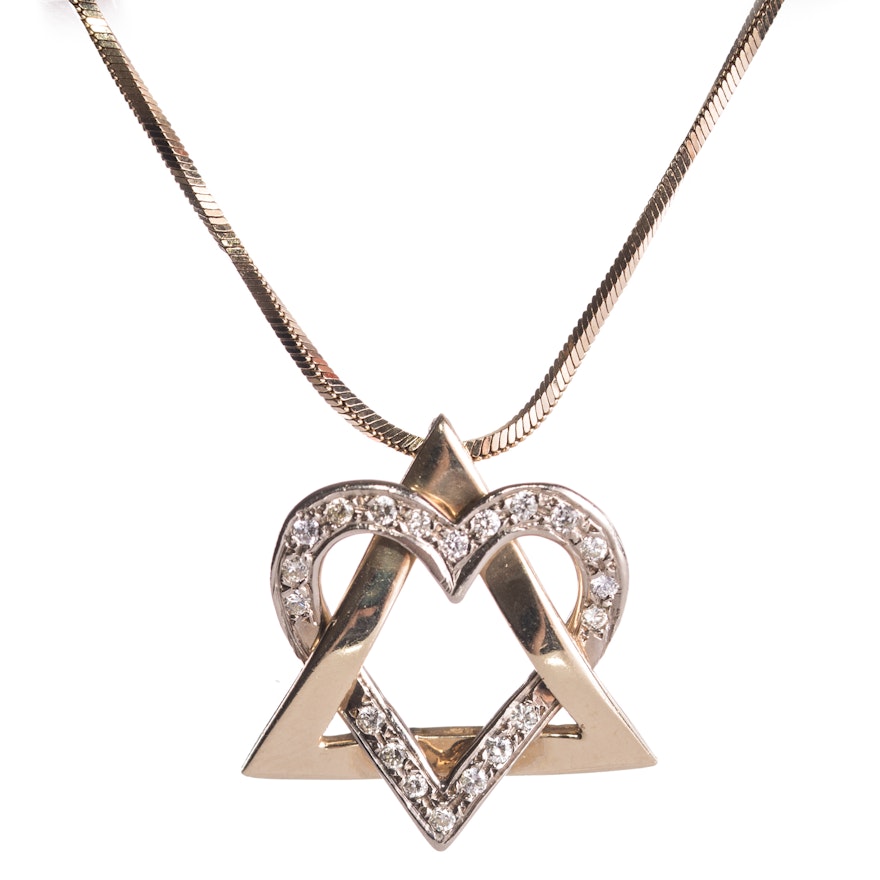 14K Yellow Gold and Diamond Heart and Triangle Pendant Necklace