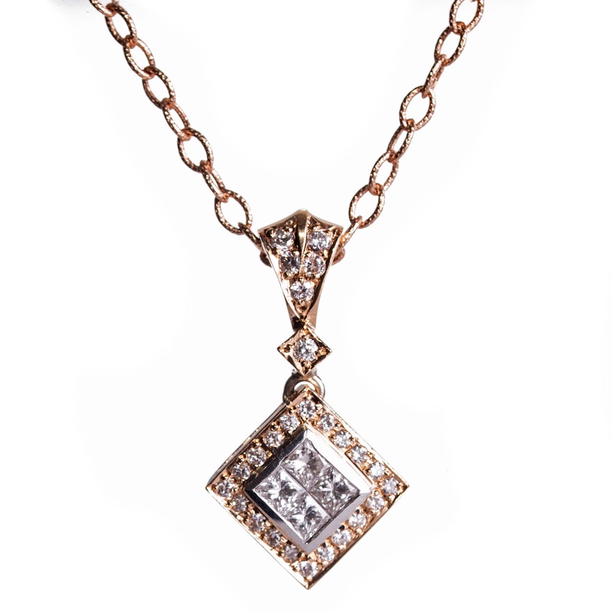 18K Rose Gold and Diamond Pendant On a 14K Rose Gold Oval Link Chain