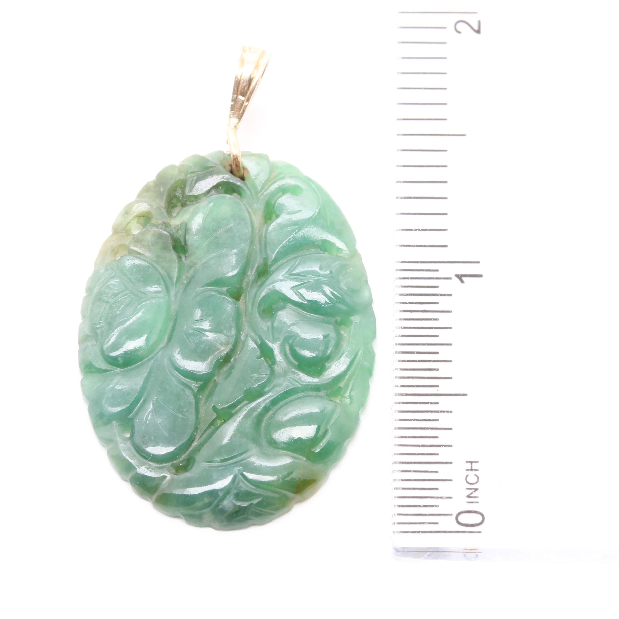 10K Yellow Gold Carved Jadeite Floral Pendant