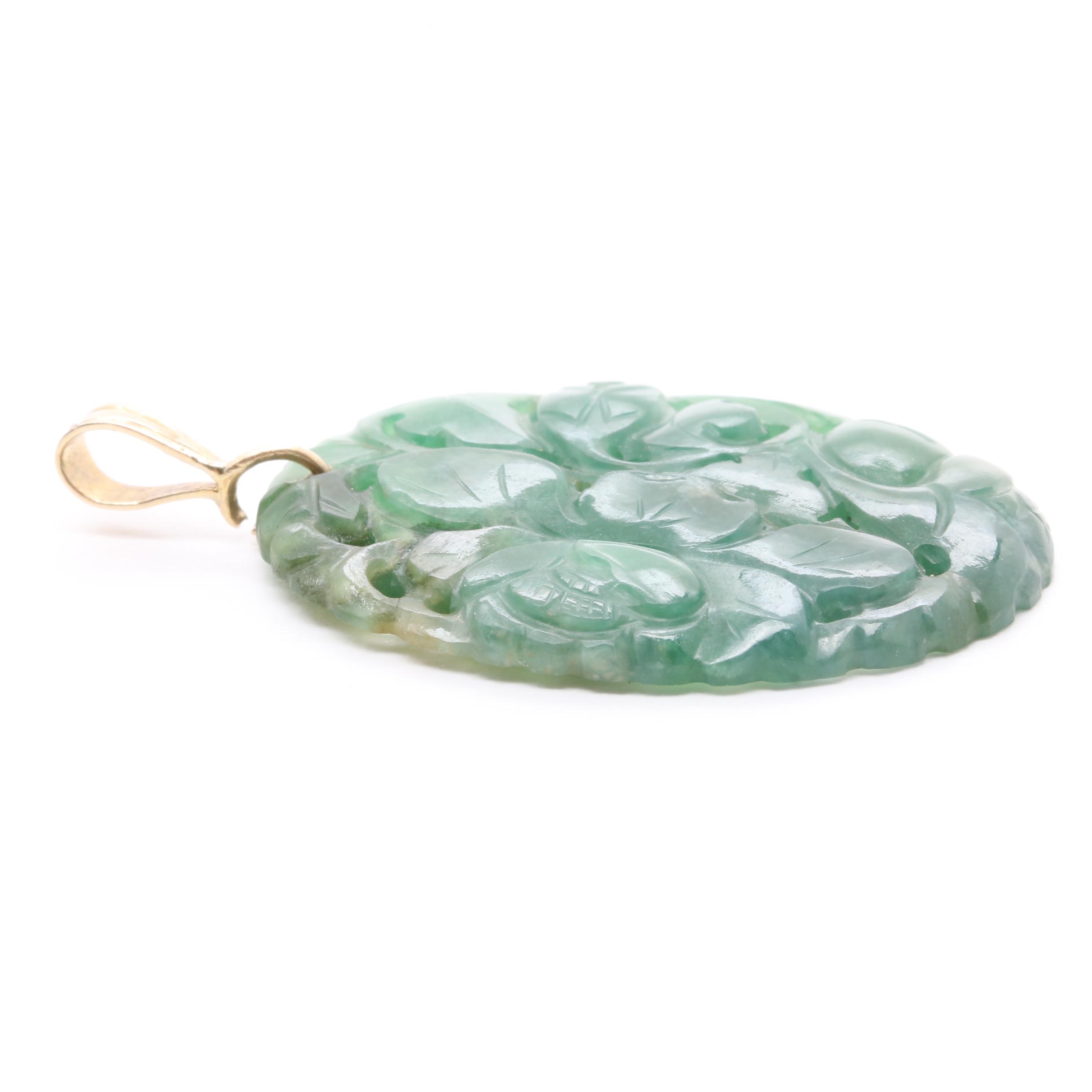 10K Yellow Gold Carved Jadeite Floral Pendant