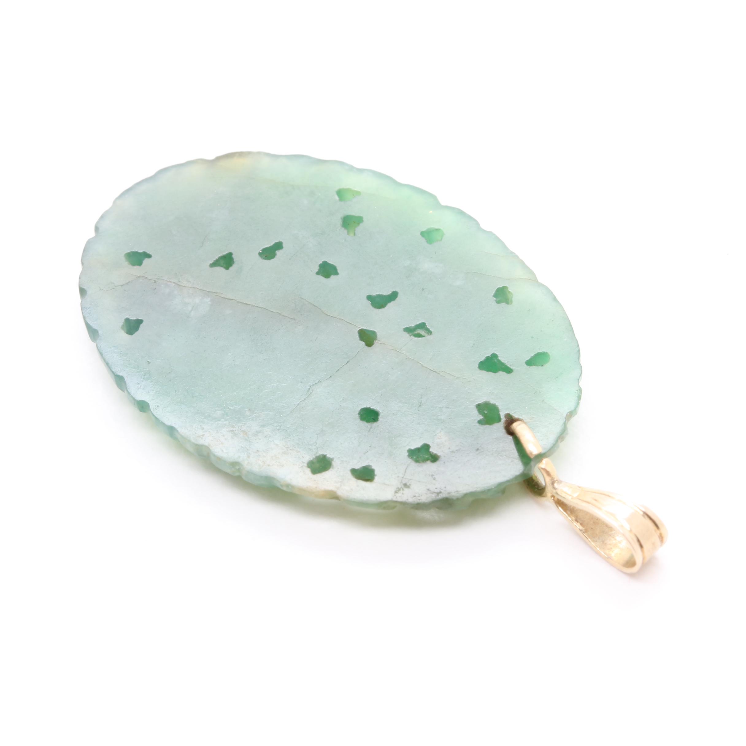 10K Yellow Gold Carved Jadeite Floral Pendant