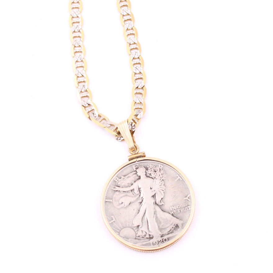 1920 Liberty Silver Half Dollar Pendant on 10K Bicolor Gold Chain